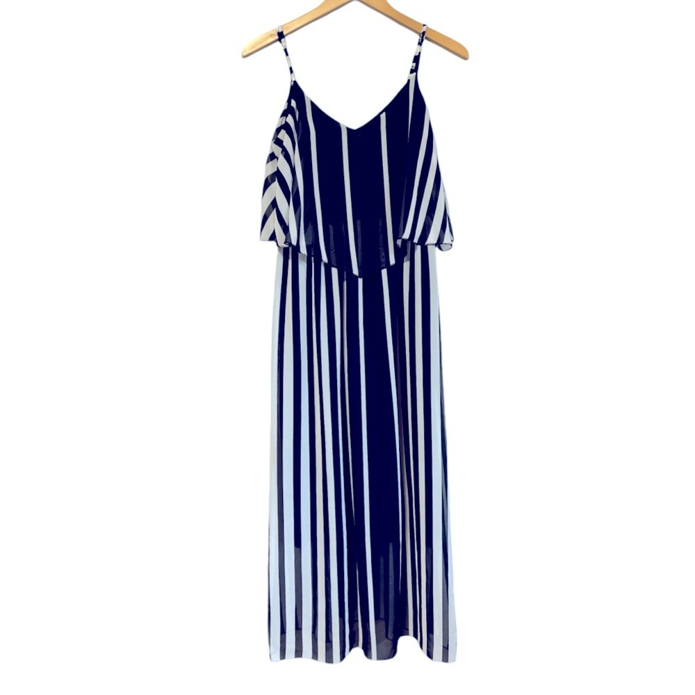 Magic‎ Womens Black White Striped Ruffle Chiffon Maxi Dress Size Large